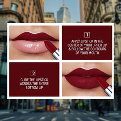 Creamy matte lipstick application on lips with burgundy lipstick and silver bullet