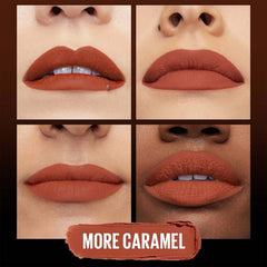 Matte lipstick swatch on lips in caramel-brown tone, More Caramel
