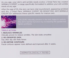 Anti-wrinkle cream box back panel with triple action and dermatologically tested