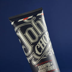 Hair and beard shampoo+conditioner tube, dark blue with large white logo and red stripe