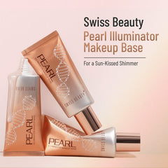 Pearl illuminator makeup base in golden pink, shown with multiple rose-gold tubes.
