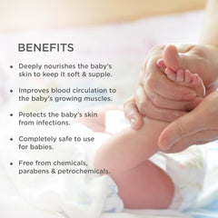 Baby being massaged with body oil, with benefits text overlay