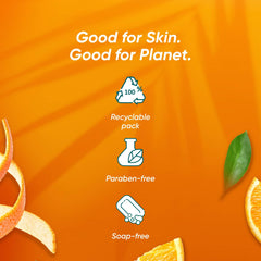 Himalaya Tan Removal orange face wash tube with soap-free and paraben-free icons