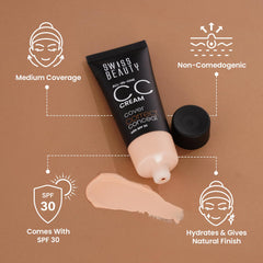 Swiss Beauty CC cream tube with open cap and caramel-beige swatch