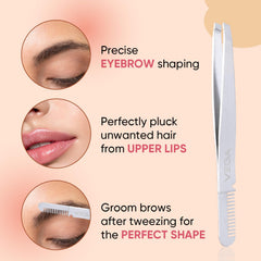 2-in-1 brow groomer and tweezer with comb and precision slant tip, silver