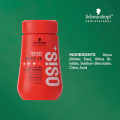 Schwarzkopf OSIS+ Dust It texture volume powder bottle, red with ingredient list
