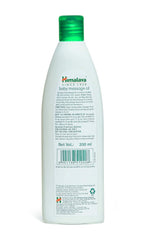 Himalaya baby massage oil bottle with teal cap, white back label with ingredients text.