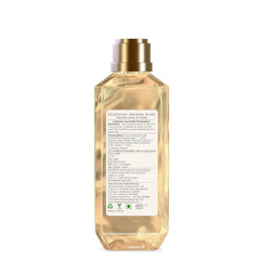 Forest Essentials silkening shower wash bottle with gold cap and back ingredient information panel