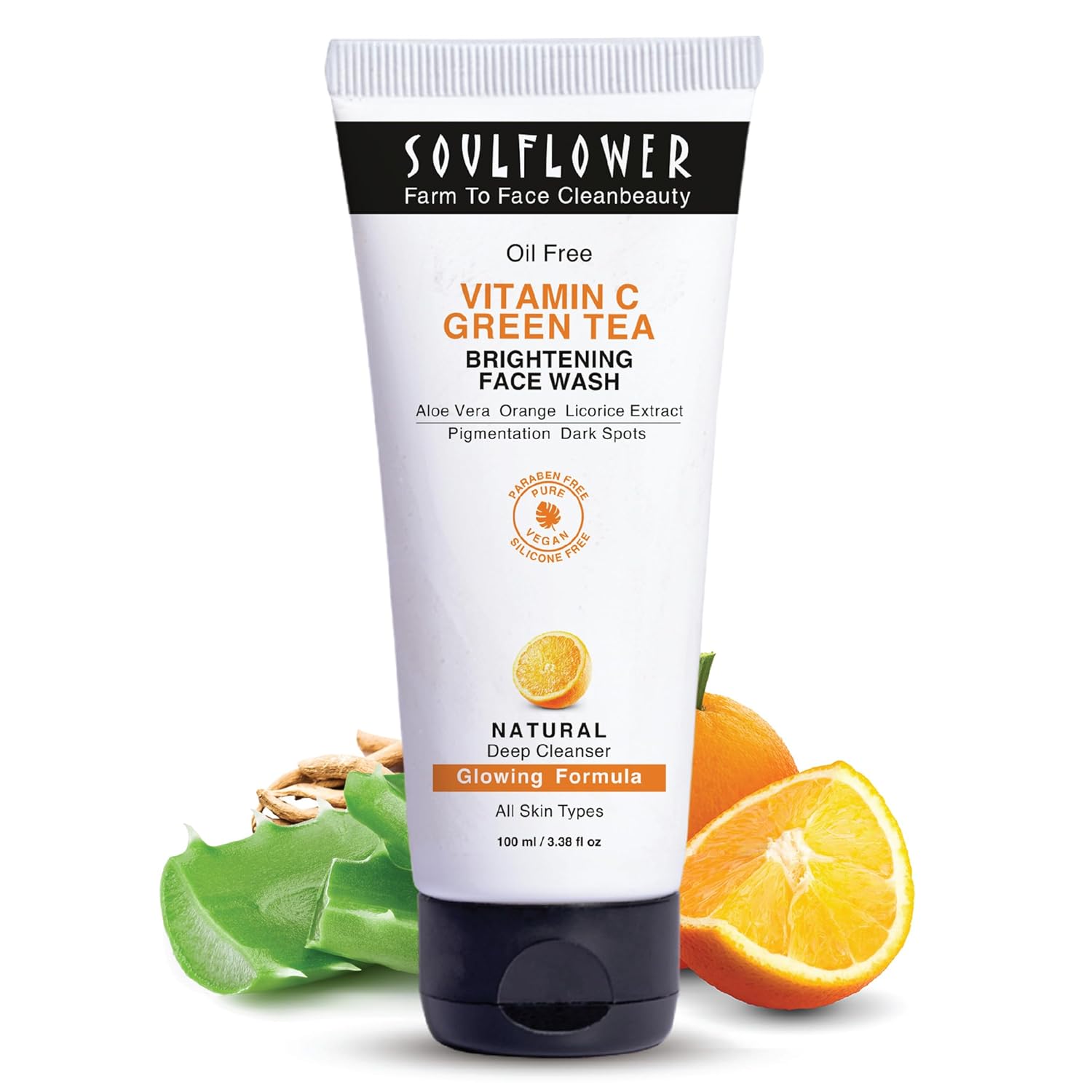 Vitamin C green tea face wash tube, white with dark bottom label and cap