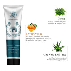 Shaving cream tube with neem and aloe vera ingredient callouts