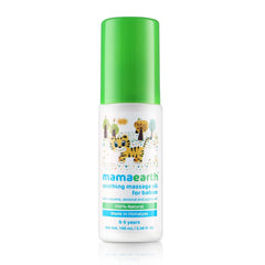 Baby massage oil bottle front view with green cap and illustrated animal label