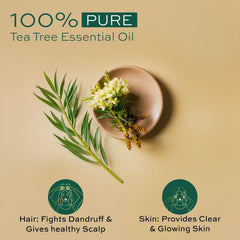 Tea tree essential oil label with text “100% pure” and sprigs in a brown dish