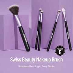 Set of 5 makeup brushes with purple handles and mixed bristle brush heads