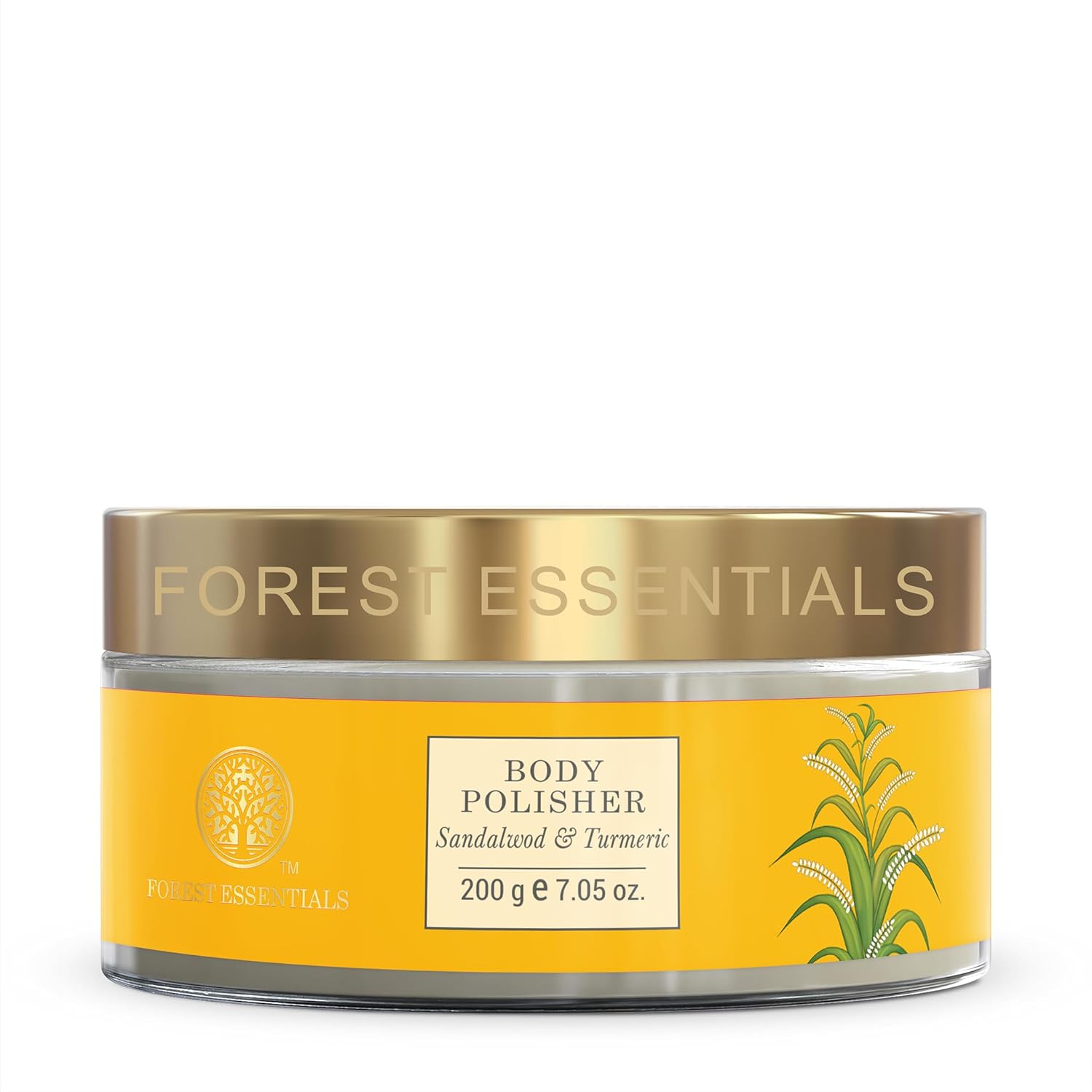 Body polisher sandalwood & turmeric jar with gold lid and yellow label, 200 g