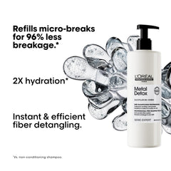 L'Oreal Metal Detox pre-shampoo treatment bottle with pump beside water droplets