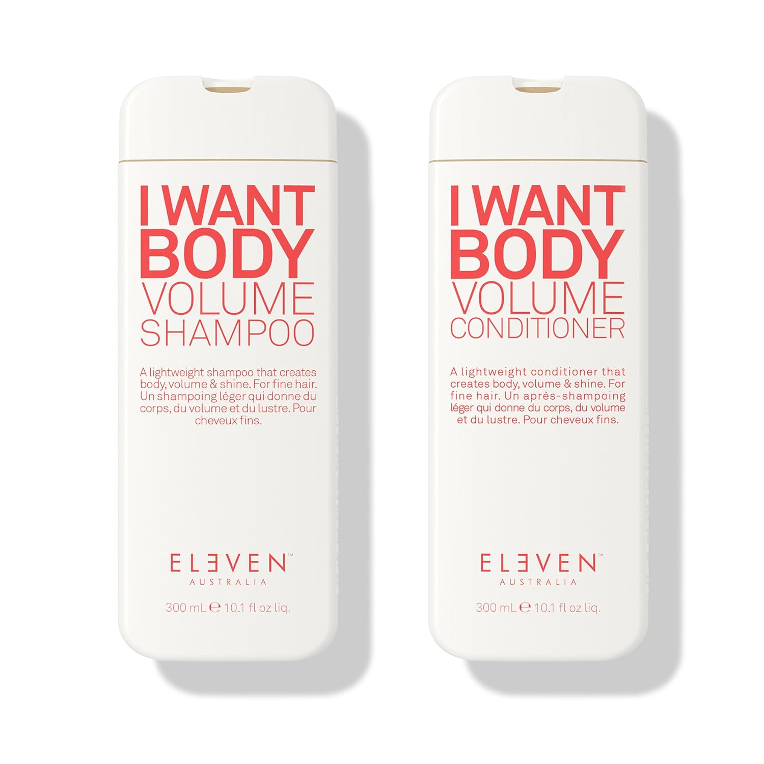 White bottles for I Want Body Volume Shampoo and Conditioner bundle, 300 ml each