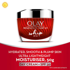 Olay Regenerist Whip UV SPF 30 day moisturiser jar with red cream and silver lid