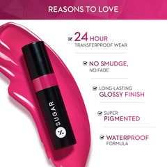 Glossy transferproof lipstick with pink-red swatch and tube