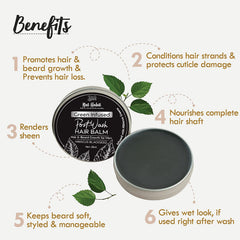 Hair balm benefits infographic with closed tin and open dark balm, leaf accents