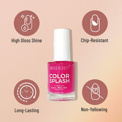 Color Splash nail polish bottle with feature icons for high-gloss, chip-resistant finish