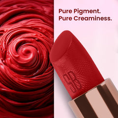 Swiss Beauty Pure Creamy Lipstick in rich red, with close-up bullet and swirl