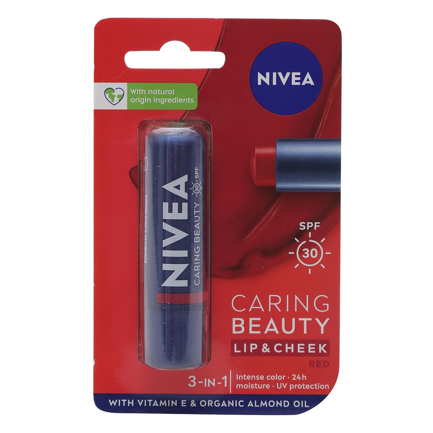 Nivea Caring Beauty lip & cheek tint balm SPF 30, red balm stick in tube