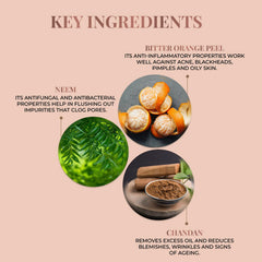 Key ingredients graphic for cleansing face wash with neem, orange, and chandan circles