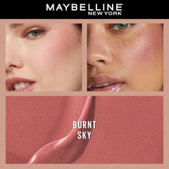 Burnt Sky swatch on skin with rosy shimmer highlight and blush