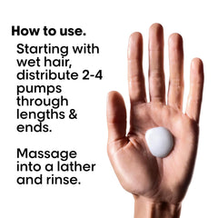 Shampoo usage step with hands and pump dispensing a white droplet