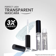 Transparent lash mascara set with black caps, clear tubes, and spoolie brushes.