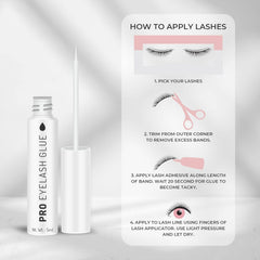 White eyelash glue bottle with wand applicator and how-to apply lashes card