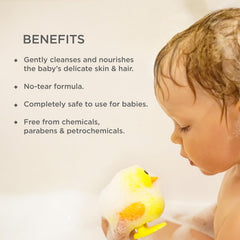 Baby bathing with soap foam, benefits panel for hair and body wash
