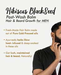 Hibiscus Blackseed post-wash balm infographic with bearded man portrait