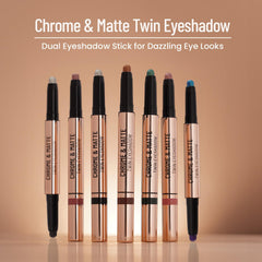 Twin eyeshadow stick lineup with chrome and matte shades in gold-toned tubes