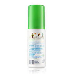 Baby massage oil bottle back view with green cap and barcode label
