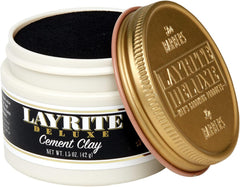 Layrite Cement Clay jar with open gold lid, dark clay inside and white outer label