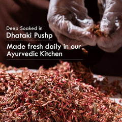 Under eye cream ayurvedic flower blend graphic with dried petals in a close pile.
