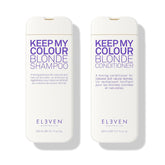 Blonde shampoo and conditioner bottles set, white with blue Keep My Colour labels