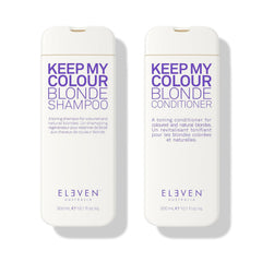Blonde shampoo and conditioner bottles set, white with blue Keep My Colour labels