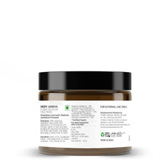Facial mask jar with black lid, back label with directions and barcode