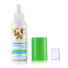 Baby massage oil bottle with green cap, plus small pump top