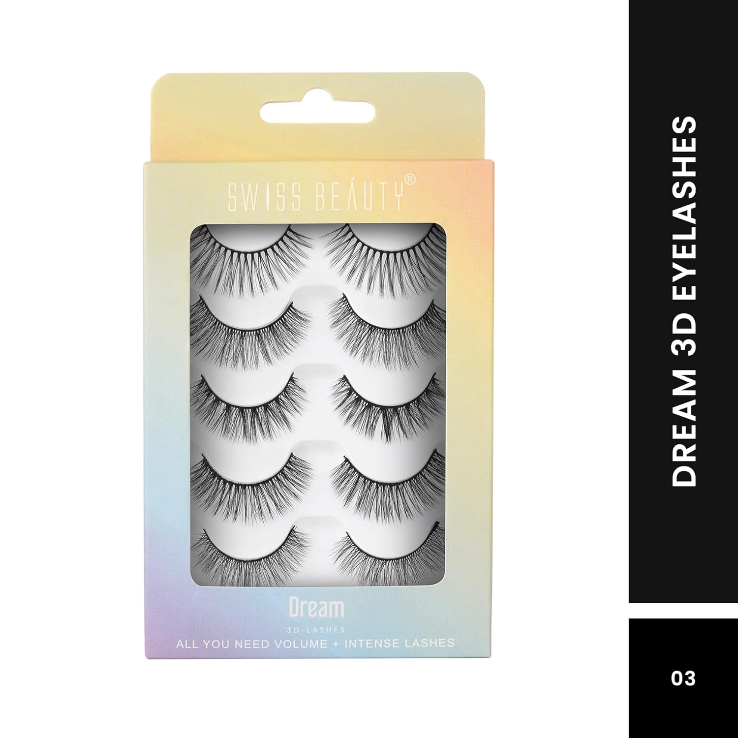 3D false eyelashes set, six lash pairs shown in Dream shade No. 3 box