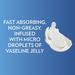 Lotion smear and micro droplets claim: fast absorbing, non-greasy, infused with Vaseline jelly