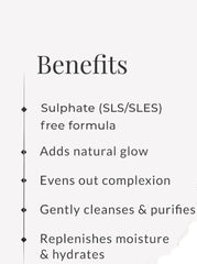 Benefits panel listing sulphate-free formula and gentle cleansing