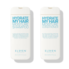 Shampoo and conditioner bottle set, white with blue labels, 300 ml