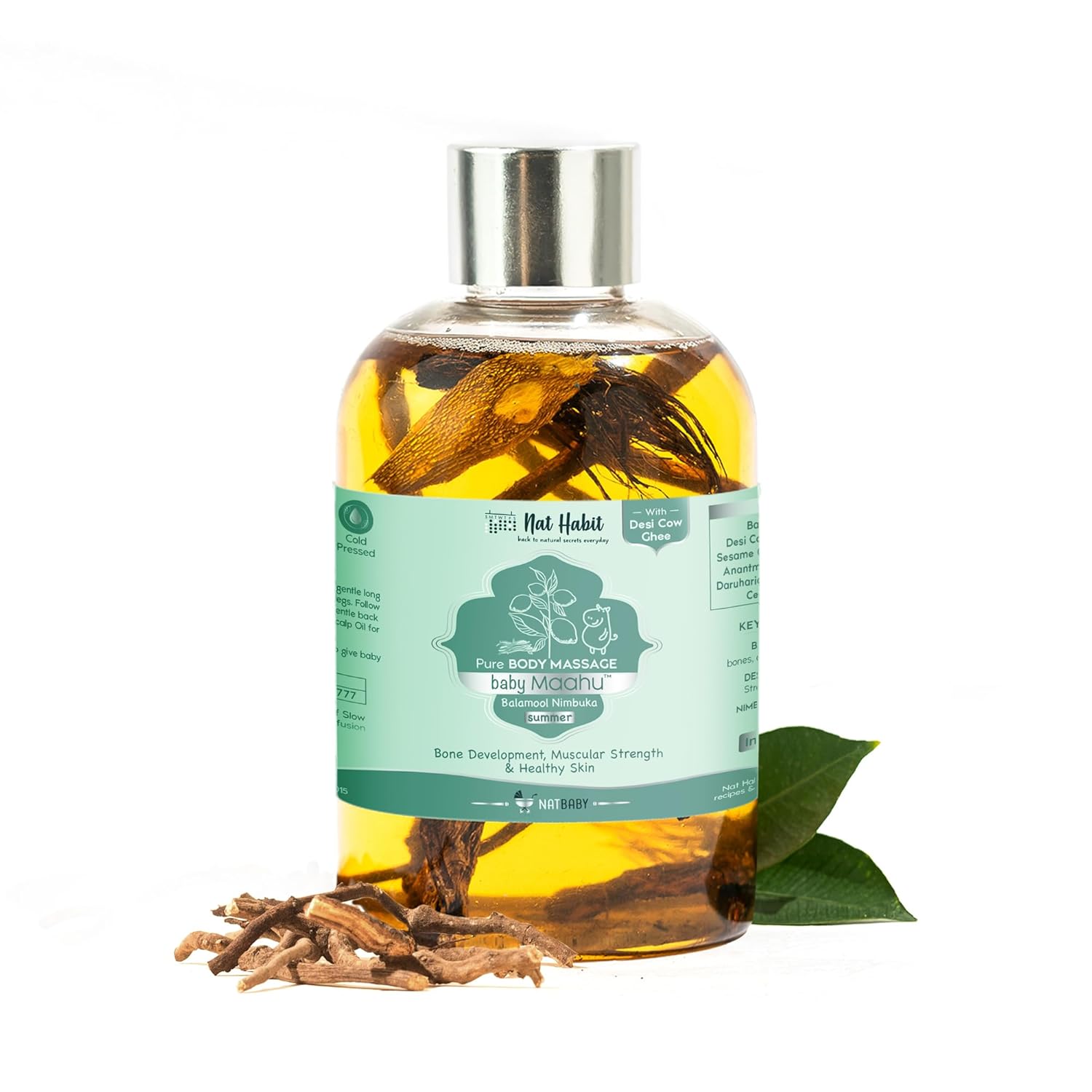 Baby massage oil bottle with silver cap, amber oil, teal label