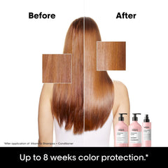 Vitamino Color Conditioner bottles with styled hair strands showing before and after