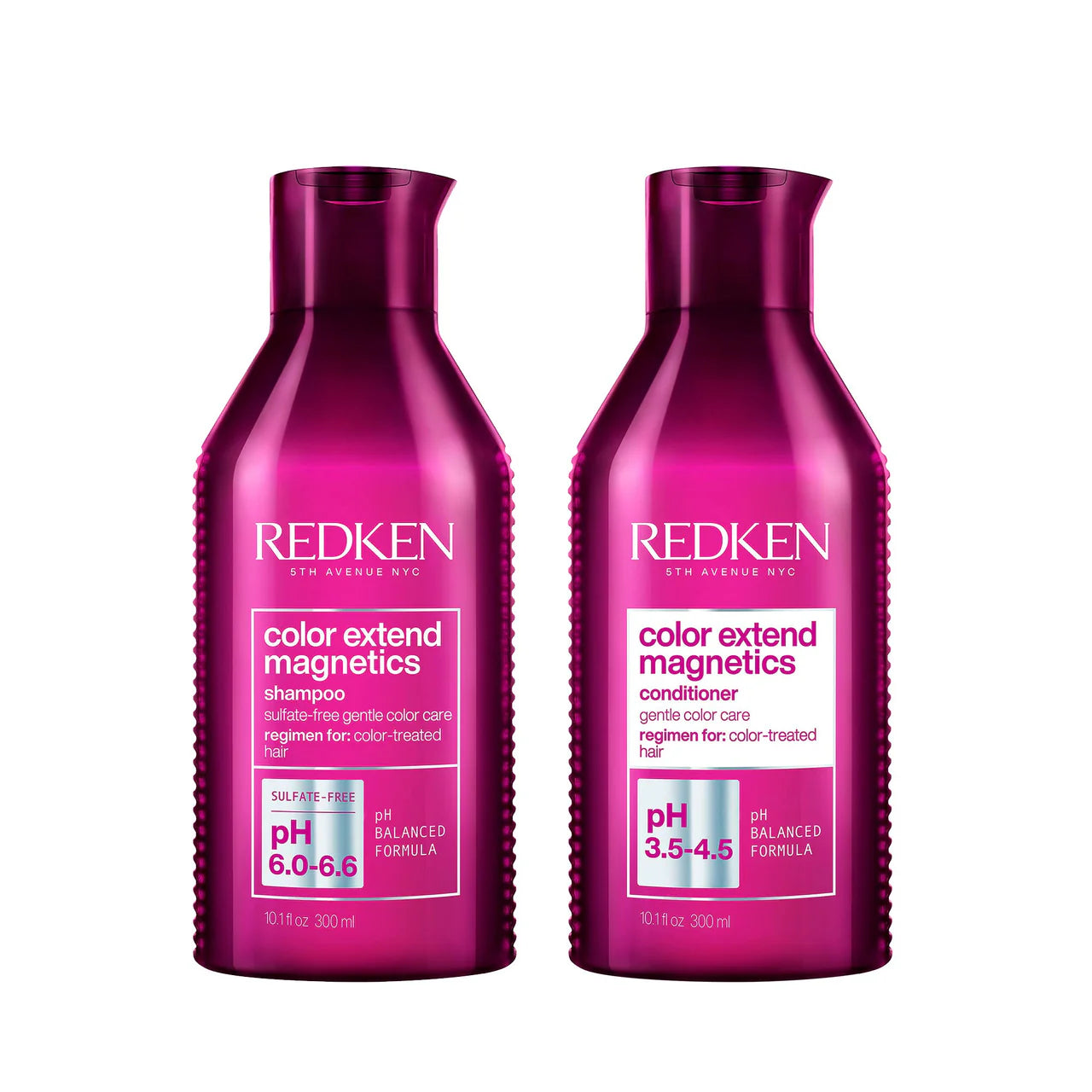 Redken Color Extend Magnetics shampoo and conditioner bottles, magenta plastic, front labels visible