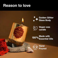 SoulFlower glass votive candle Rang with burning wick and golden glitter glass body