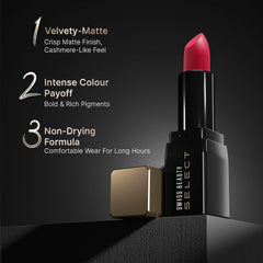 Swiss Beauty matte lipstick with red-pink bullet and black tube, open product display